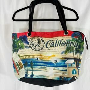 California Beach Tote Bag Surfing, Sunset & Palm Tree Rope Handles Coastal Bag